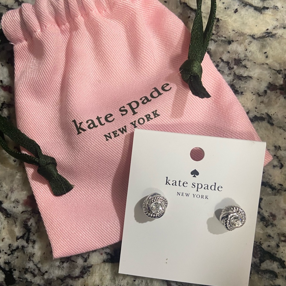 Kate Spade Silver Infinity & Beyond Stud Earrings with Clear Stone & Pink Pouch